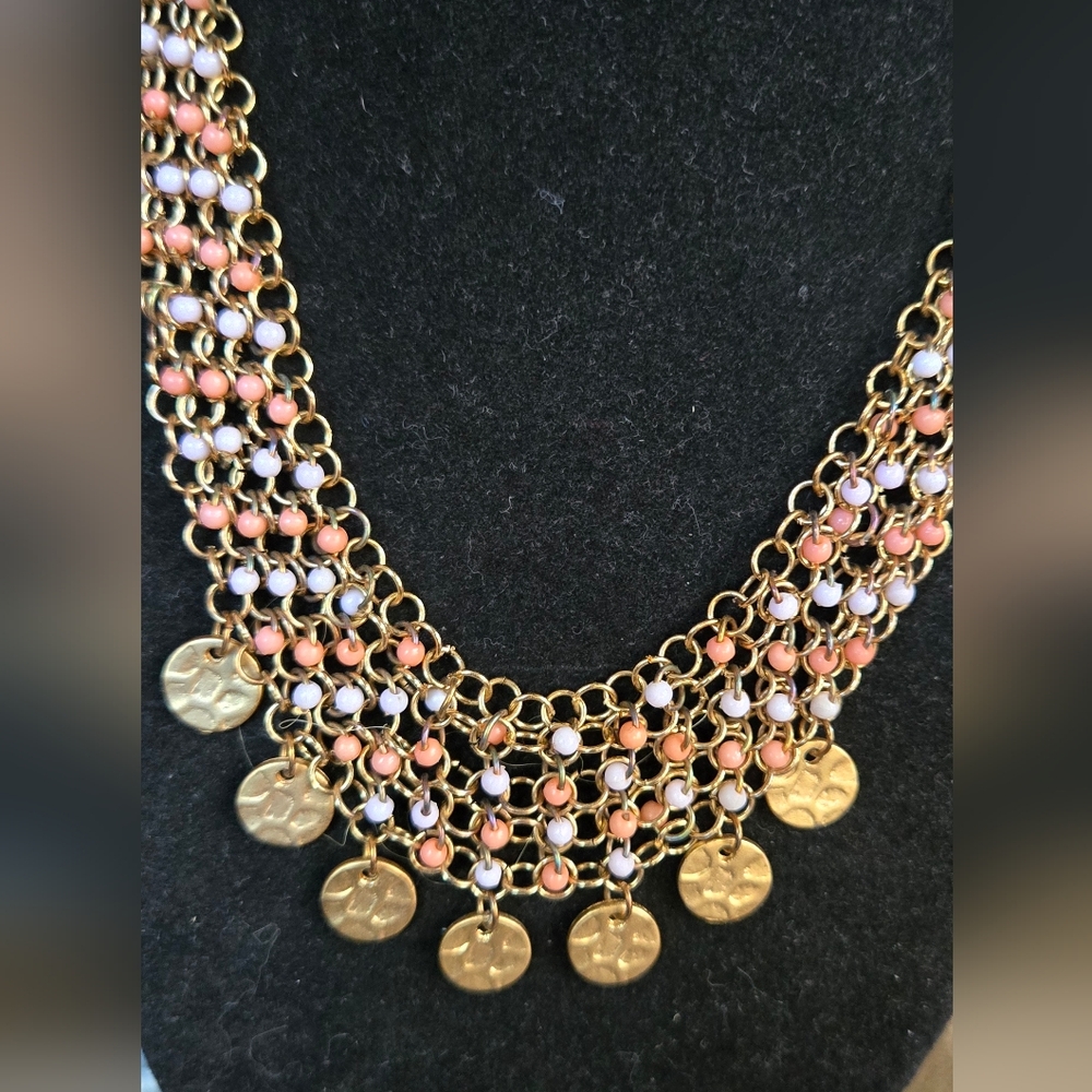 Handmade beaded peach & white statement necklace earrings set - Picture 7 of 8